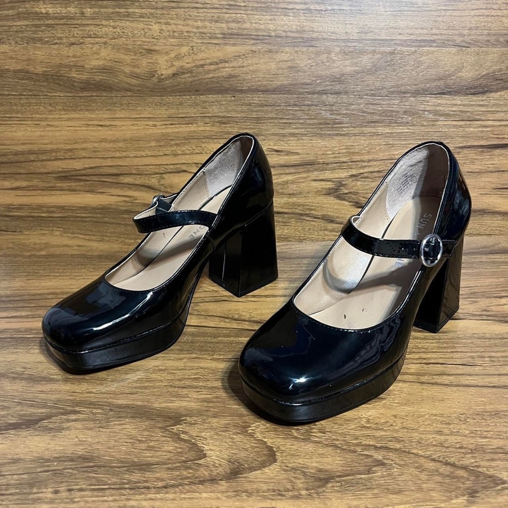 Sun + Stone shiny black chunky heeled buckled Mary Jane pumps patent 5